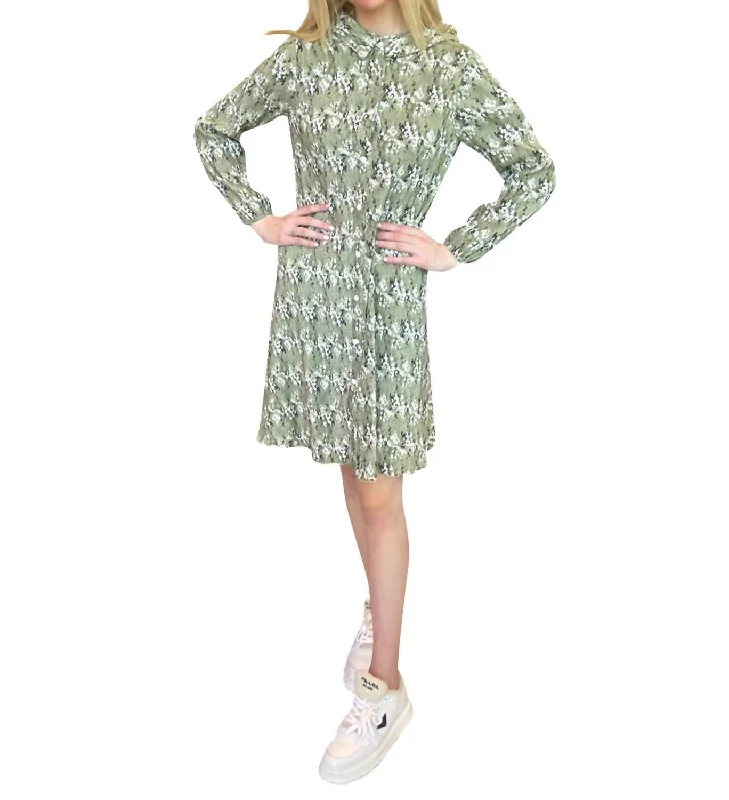 Cheribelle Pleated Fabric Collar Dress in Green Floral Tunics Trendy modern