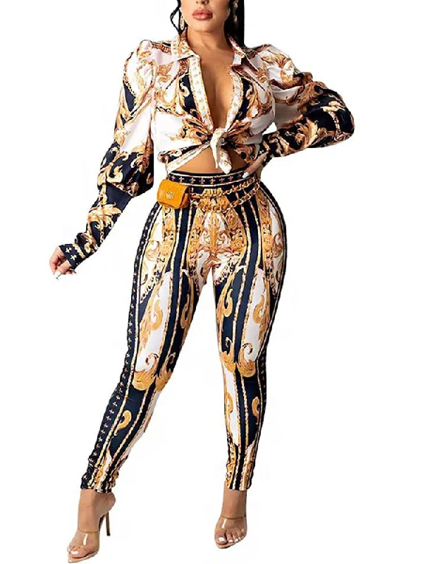 Long Sleeve Printed Tops & Bodycon Pants Formal Linen Trousers
