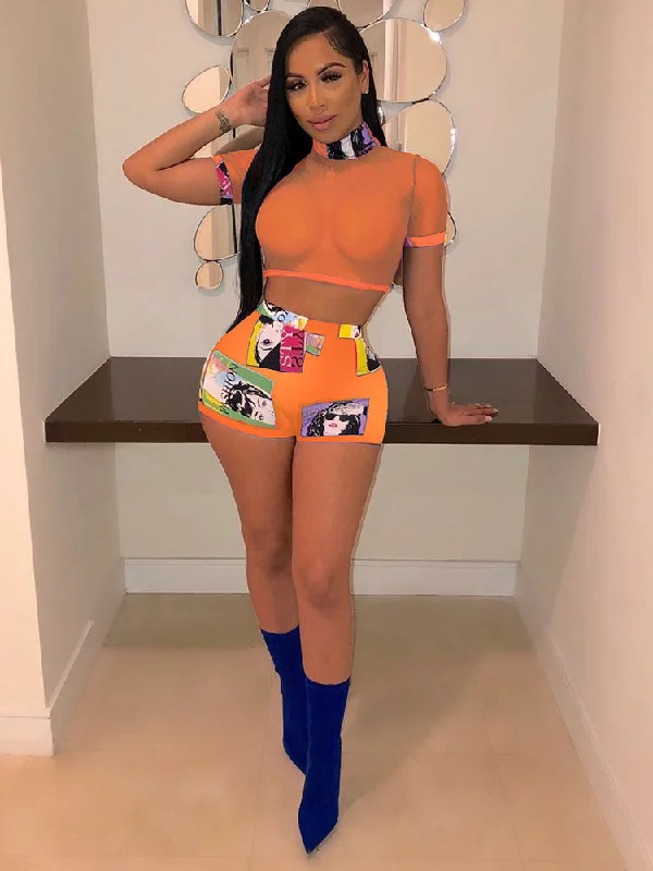 Two Piece Mesh Top Short Pants Outfits Fashionable Button-Up Pants
