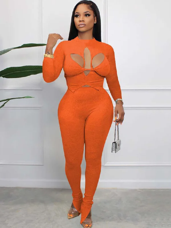 Two Piece Long Sleeve Hollow Out Tops & Pants Elegant Dress Pants