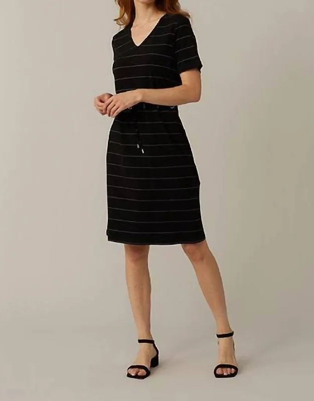 Striped Drawstring Dress in Black/Vanilla Floral Print girly