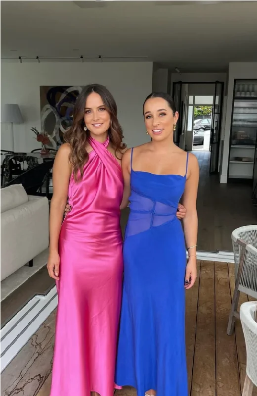 Hot Pink Cross Neck Halter Backless Satin Party Dress, DP2301 Tunics Hiking breathable