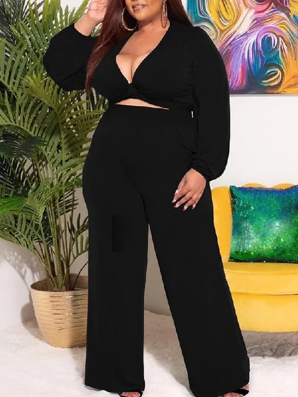 Plus Size V Neck Tops & Long Pants Slim Fit Casual Pants