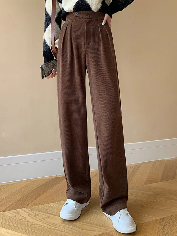 Stripe Chenille Buttoned Straight Pants Trendy Tapered Pants