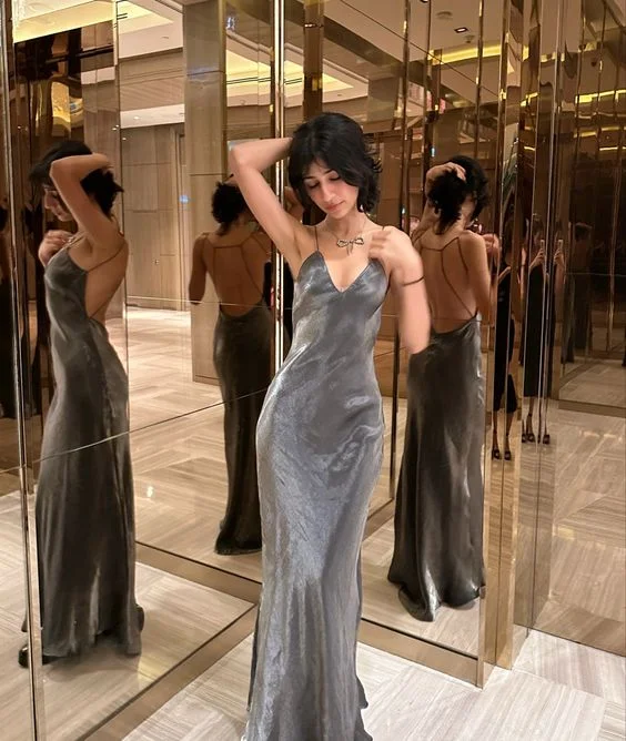 Silver V Neck Backless Chic Long Party Dress, DP2084 empire Waist empire