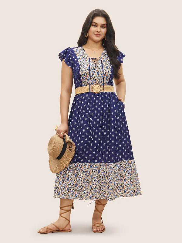 Boho Print Ruffle Cap Sleeve Lace Up Dress Tunics Exclusive limited