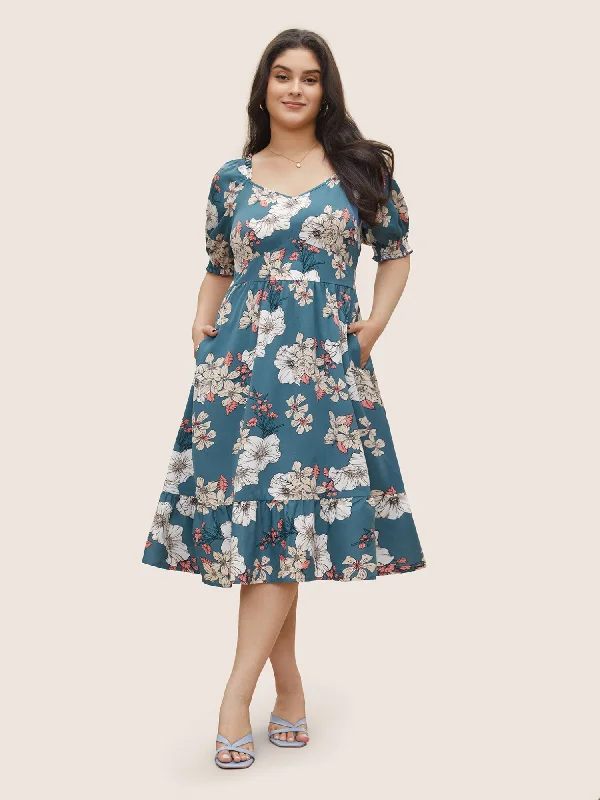 Floral Frill Trim Shirred Pocket Square Neck Dress Turtleneck Warm Winter