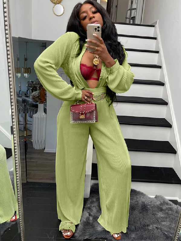 Two Piece Button Up Top & Long Pants Outfits Elegant Palazzo Trousers