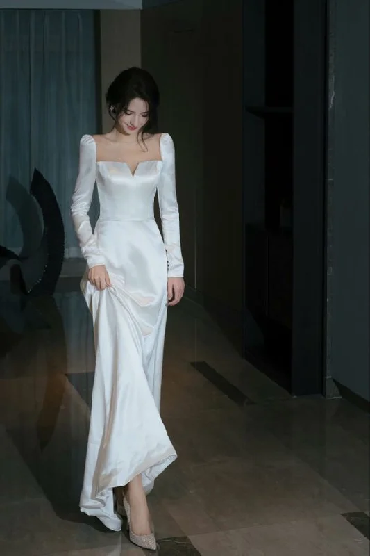White Long Sleeves Satin Long Party Dress Wedding Dress,DP1885 Tunics Sophisticated sleek White Long Sleeves Satin Long Party Dress Wedding Dress,DP1885 Tunics Sophisticated sleek