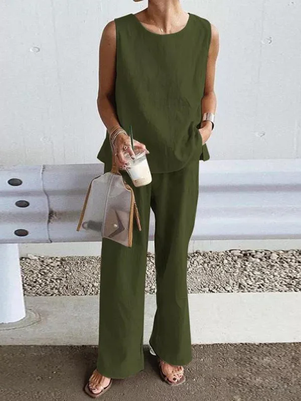 Blue Zone Planet |  Loose Sleeveless Slit Vest and Pants Set High-Waist Jogger Pants