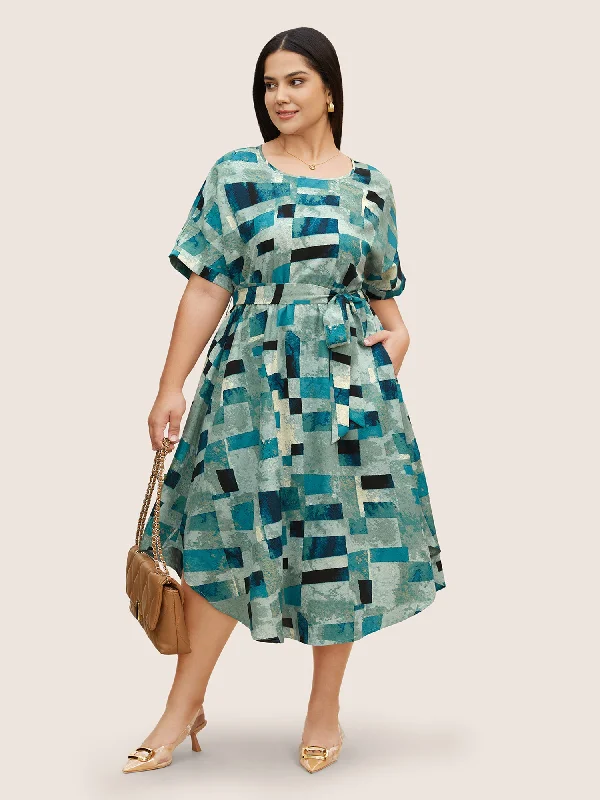Geometric Dolman Sleeve Curved Hem Dress Tunic Top Casual