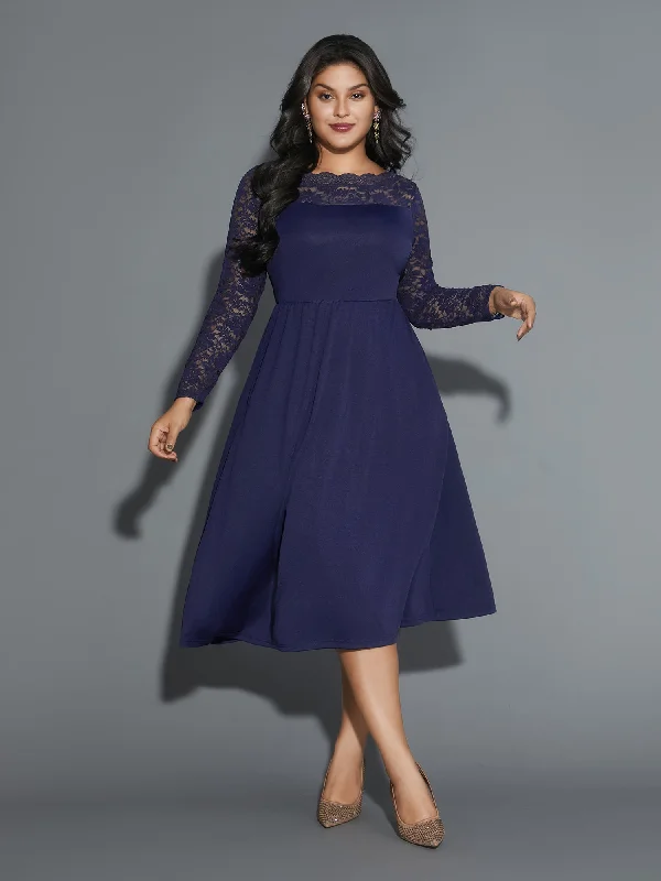 Boat Neck Floral Crochet Lace Mesh Dress Tunics Sophisticated sleek