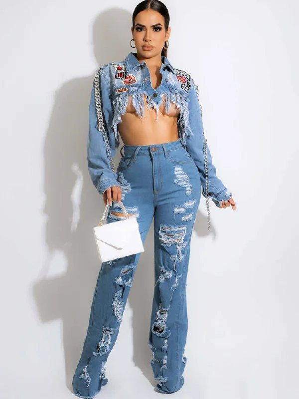 Denim Ripped High Waist Flare Pants Comfortable Maternity Pants