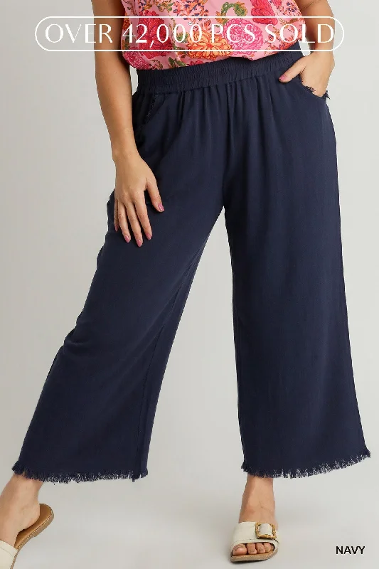 PLUS Umgee Linen Wide Leg Pant with Frayed Hem Comfy High-Waist Jeans