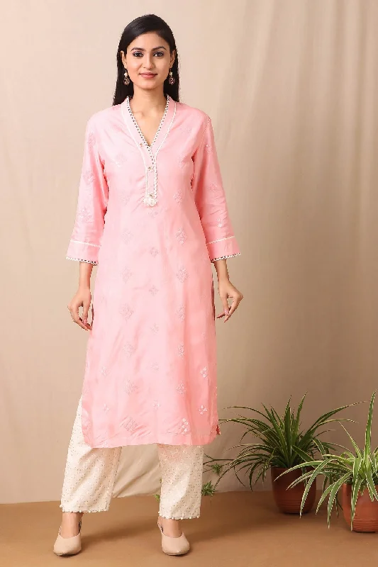 50Z419-RO Pink Upadda Silk Kurta with Tonal Sequins Motifs and Cotton Stretch Pant Casual Sweatpants Style