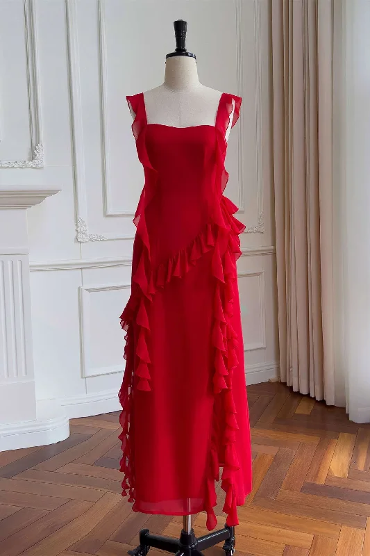 Red Square Neck Ruffle Chiffon Long Party Dress,DP1554 Tunics Spring floral