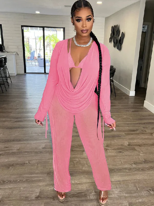 Three Piece Long Sleeve Mesh Cover Up Pants Suit Cozy Lounge Pants