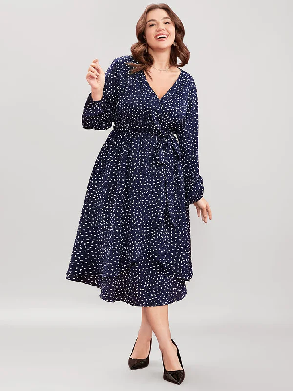 Heart Print Surplice Neck Pocket Asymmetrical Belted Flutter Dress Tunics Corduroy durable