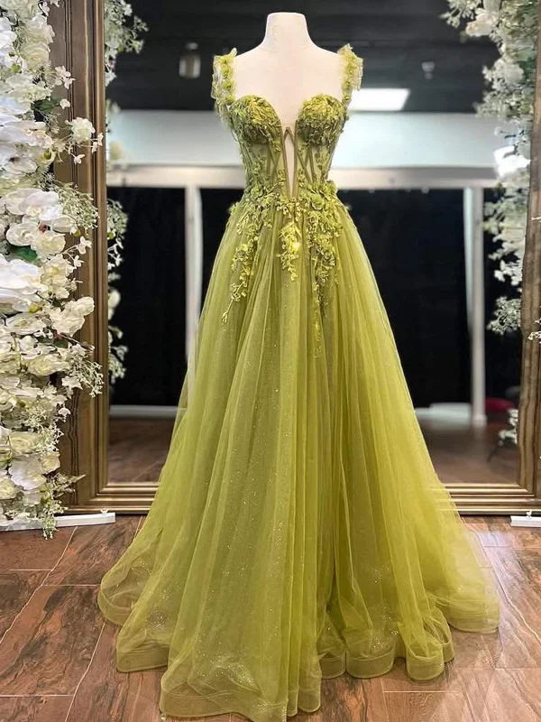 Faylina | A-Line Sage Sweetheart Tulle Long Prom Dresses with Lace Appliques Tunics Top rated