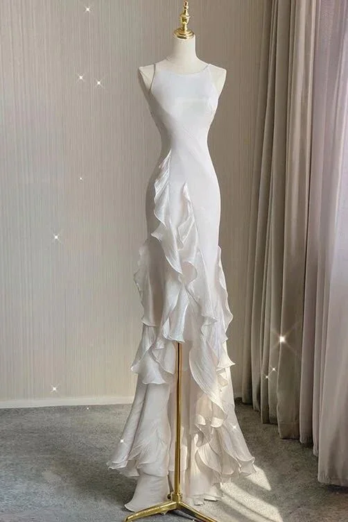 White Chiffon Sheath Backless Party Dress With Ruffles Long Prom Dress,DP1363 Tunics Top rated