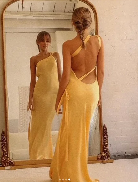 Yellow One Shoulder Backless Satin Long Party Dress,DP1961 Tunics Evening elegant