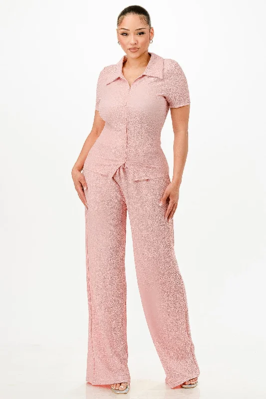 Textured Polo Top And Pants Set Comfortable Fleece Pants