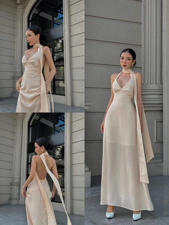 Champagne V Neck Halter Nackless Long Party Dress,DP1822 Pencil Length Work