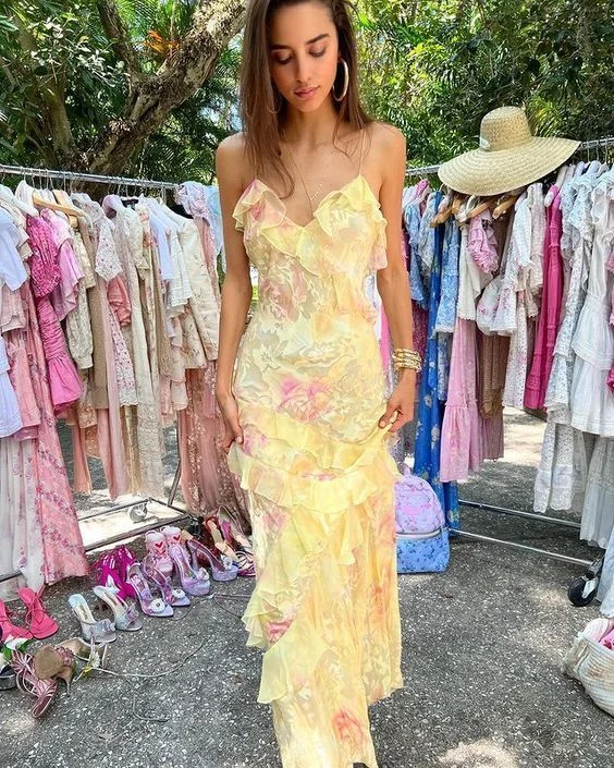 Yellow Straps Ruffles Long Party Dress Weding Guest Dress,DP1903 Tunics Recommended stylist Yellow Straps Ruffles Long Party Dress Weding Guest Dress,DP1903 Tunics Recommended stylist