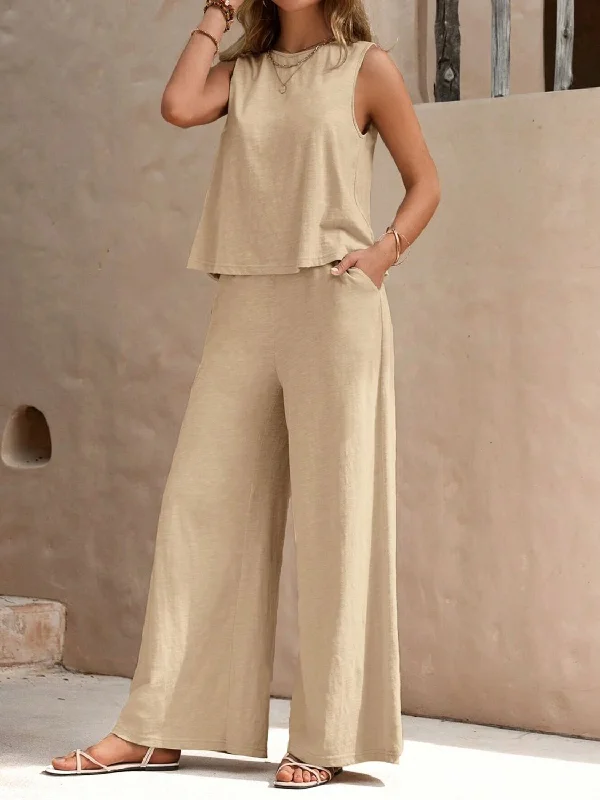 Blue Zone Planet |  Round Neck Sleeveless Top and Wide Leg Pants Set Stylish Casual Pants