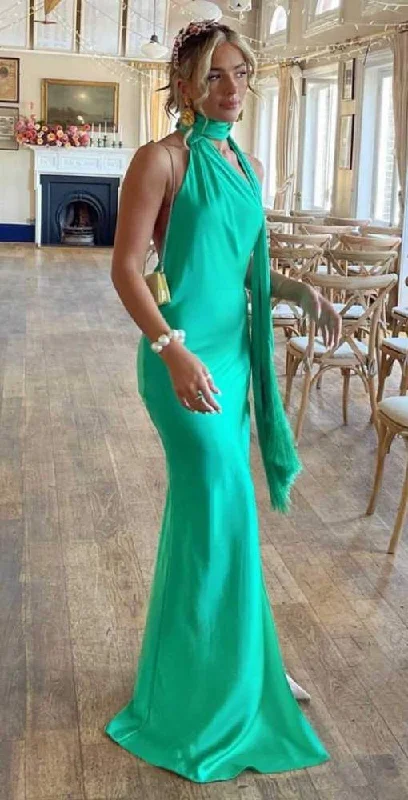 Green Halter Backless Long Party Dress with Slit,DP1876 Tunics Fashionable trendy