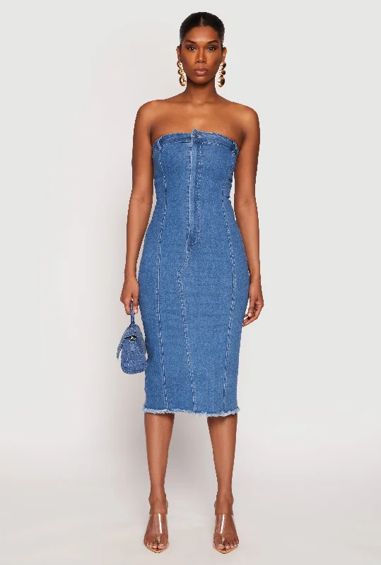 Haute Monde Denim Pintuck Tube Dress Tunics Fleece cozy