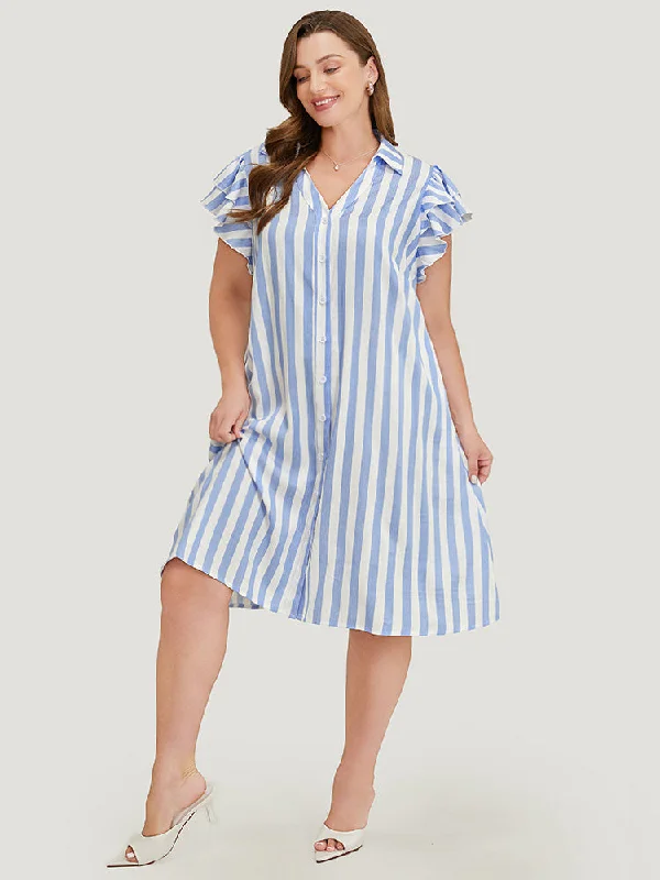 Striped Print Ruffles Layered Cap Sleeve Button Up  Dress Cowl Neckline Elegant
