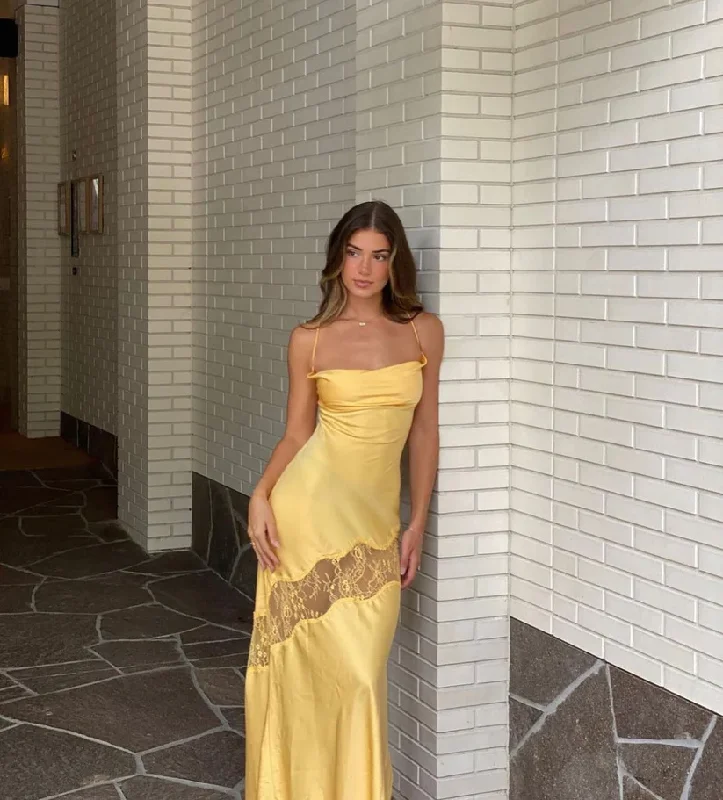 Yellow Backless Lace Slit Party Dress Simple Wedding Guest Dress,DP1302 Tunics Trendy modern