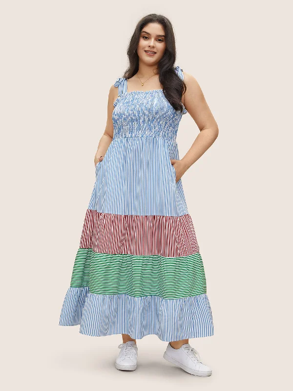 Contrast Striped Patchwork Shirred Ties Dress Tunics Short Trendy