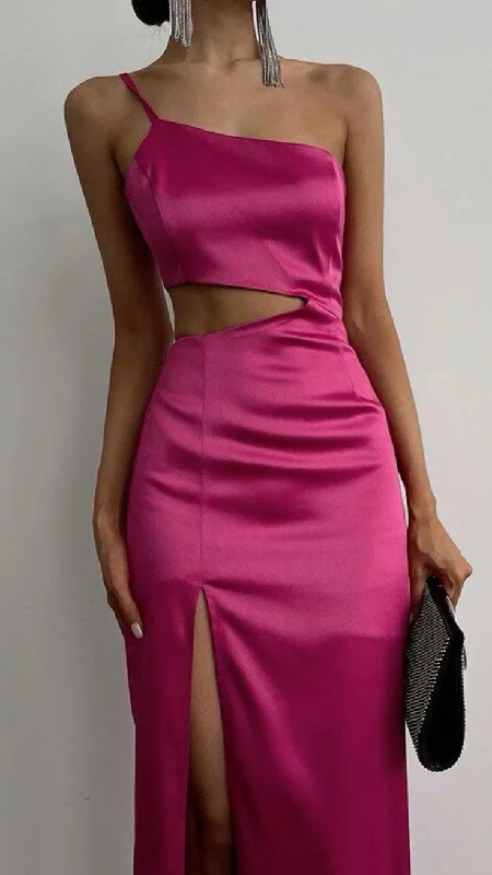 Fuchsia One Shoulder Cut Out Long Prom Dress Evening Party Dress,DP1510 Tunics Fall fleece
