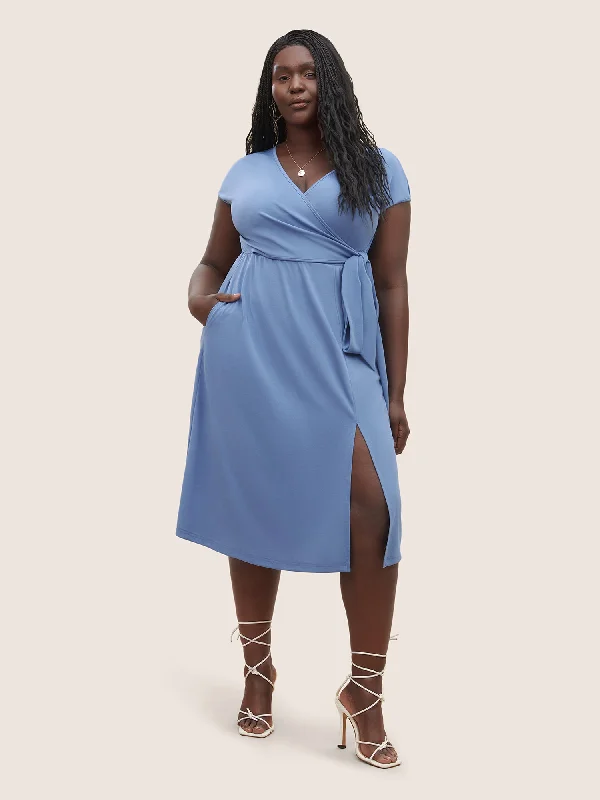 Solid Ties Wrap Dolman Sleeve Split Side Dress Tunics Leisure comfortable