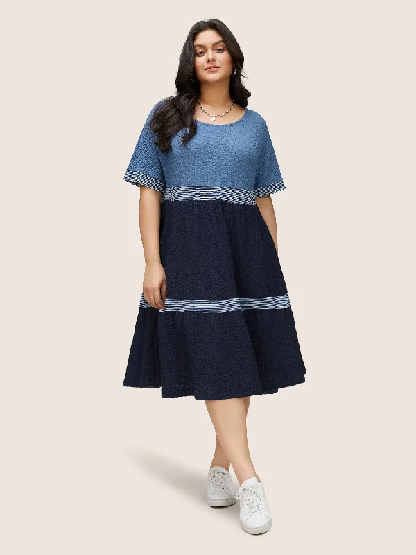 Plisse Striped Colorblock Batwing Sleeve Dress Tunics Vintage classic