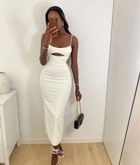 White Spaghetti Straps Cut Out Prom Dress Black Girl Party Dress,DP1669 Tunics Bridal satin