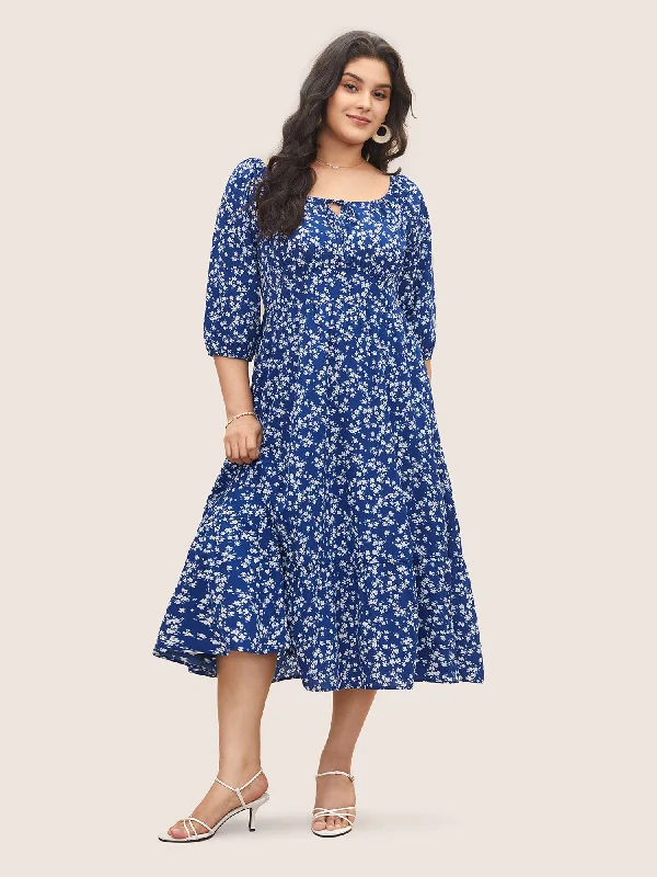Ditsy Floral Pocket Tie Neck Shirred Dress Tunics Vintage classic