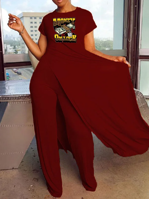 Plus Size Two Piece Print Top Long Pants Outfits Comfortable Jogger Trousers