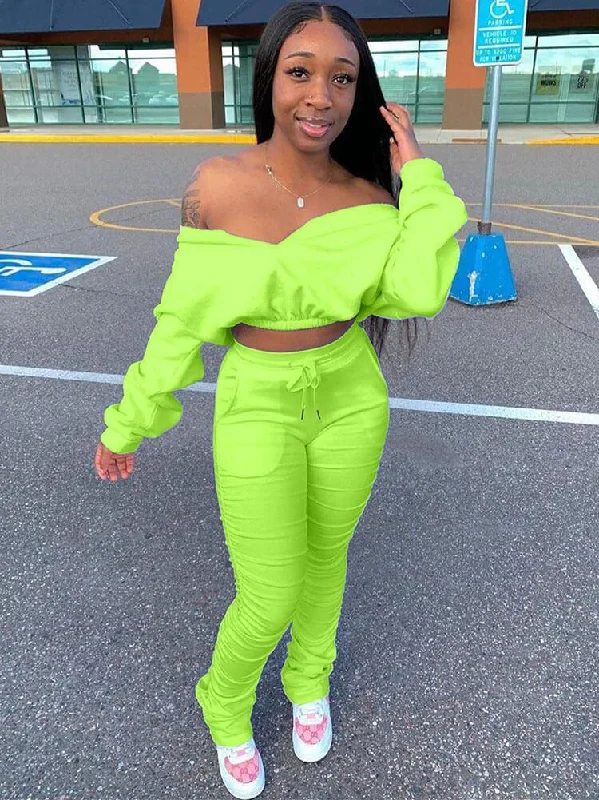 Two Piece Long Sleeve Off Shoulder Tops Ruched Pants Chic Checkered Pants