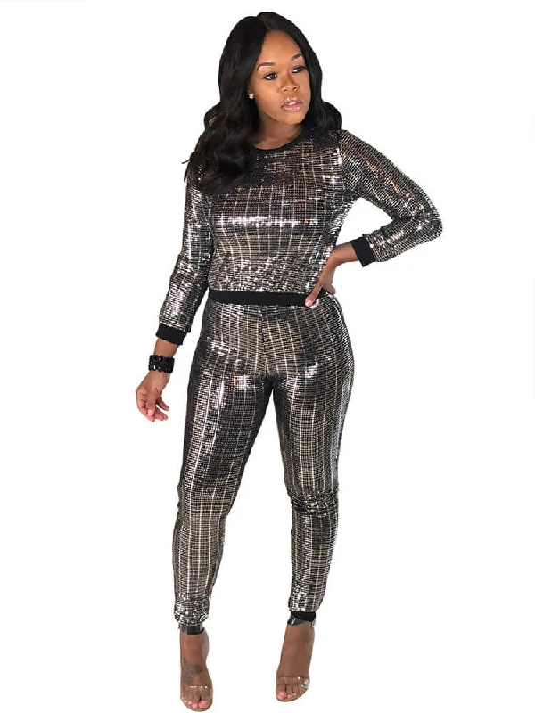 2 Piece Glitter Sequin Metallic Top+Pants Sets Elegant Wool Trousers