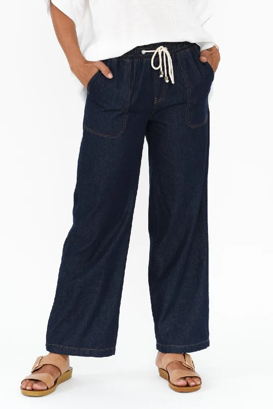 Drakey Dark Blue Denim Drawstring Pants Modern Skinny Pants