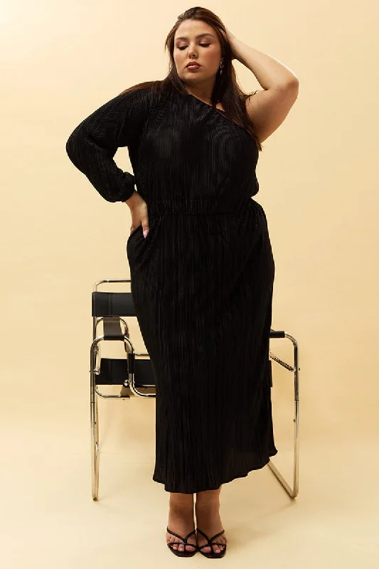 Black Plisse Pleat One Sleeve Dress Tunics Seasonal trendy