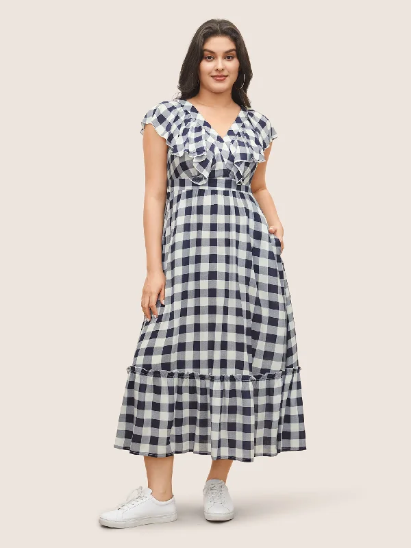 Plaid Elastic Waist Patchwork Ruffle Cap Sleeve Dress Tunics Seasonal trendy