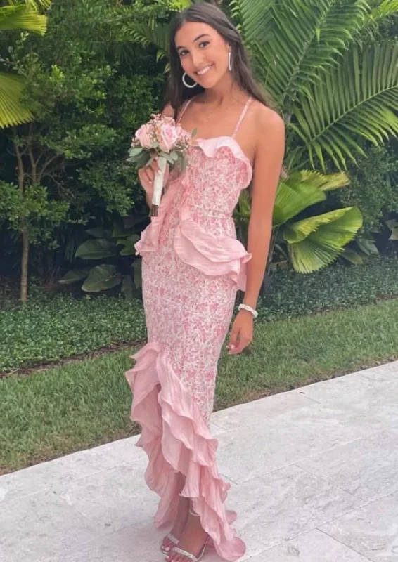 Pink Straps Ruffle Sweeat Floral Long Party Dress, DP2153 Tunics Sophisticated sleek Pink Straps Ruffle Sweeat Floral Long Party Dress, DP2153 Tunics Sophisticated sleek