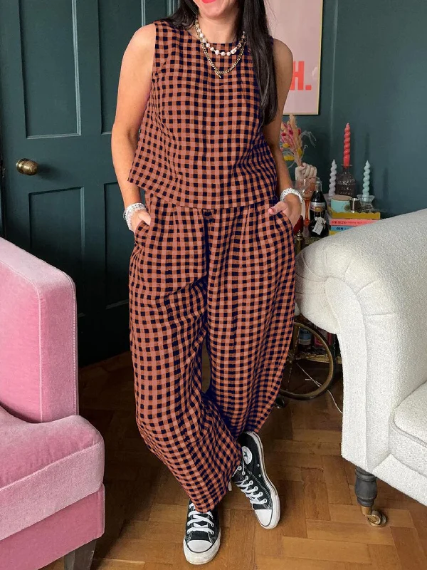 Blue Zone Planet |  Lovelet Plaid Round Neck Sleeveless Top and Pants Set Formal Stretch Pants