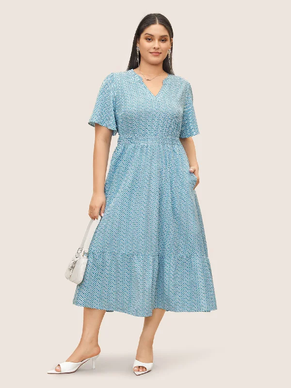 Geometric Patchwork Shirred Flat Collar With V Notch Dress Tunics Stylish elegant