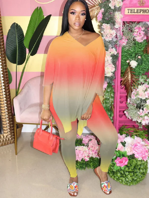 Plus Size Two Piece Tie Dyed Slit Tops+Bodycon Pants Sets Soft Stretch Leggings