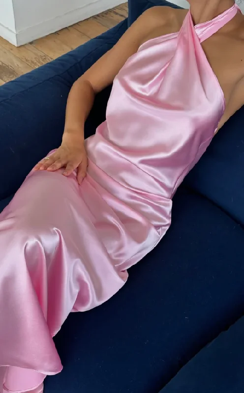 Pink Cross Neck Halter Backless Satin Party Dress, DP2296 Tunics Wedding white